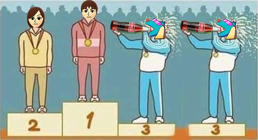 Picture of a comic showing 4 people at an award ceremony, two are Miis on first and second place podiums, the other two are Pat the dog, on the third place podiums, celebrating with a bottle of coke. 