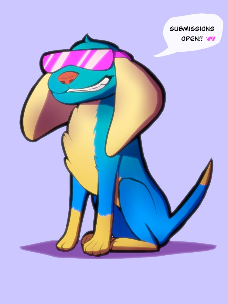 Graphic of a cool blue and yellow dog named Pat! He says "Submissions open!!", wearing pink sunglasses. He's so cool.