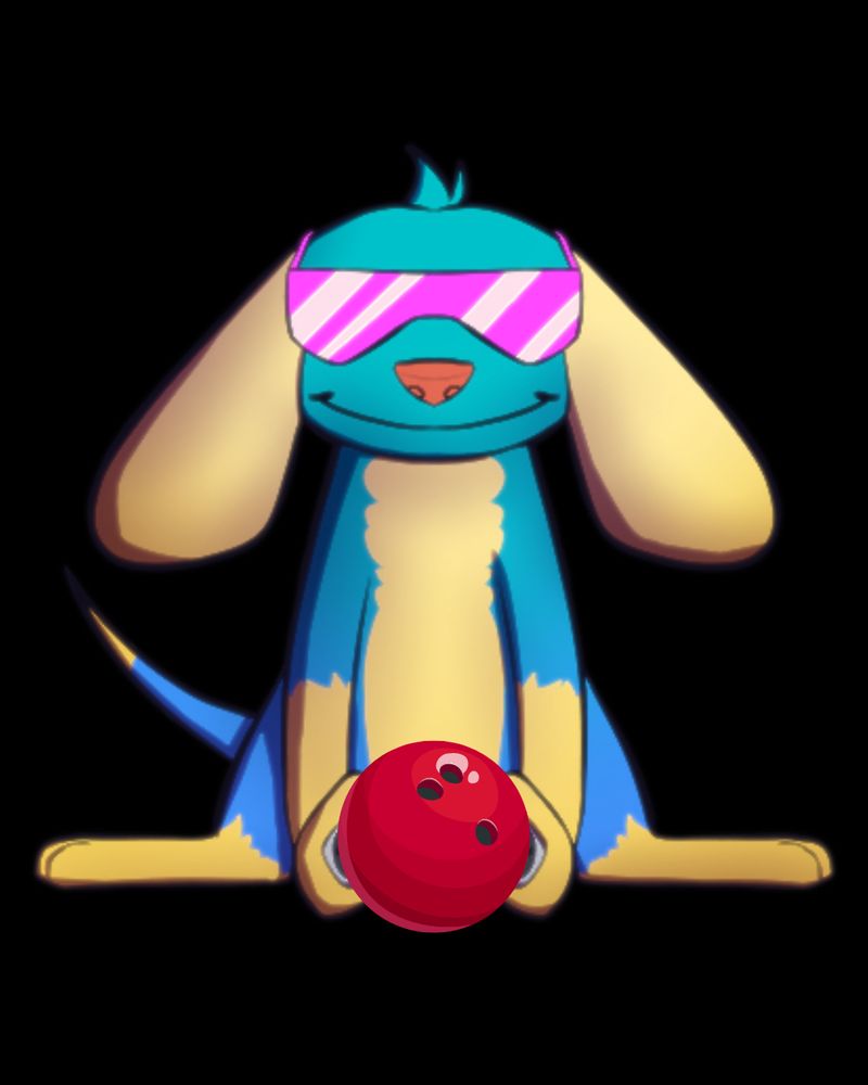 Picture of Pat the Dog, a blue and yellow dog wearing pink shades, holding a red bowling ball between his front paws