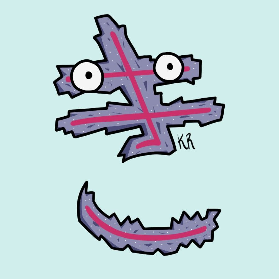 A line art design of a weird rocky monster shaped like a Japanese phonetic character. It is purple-gray with pink lines running through it to show what the actual character looks like. It has two big eyes toward the top, and the shape of the character makes it look like it has a big round mouth open.