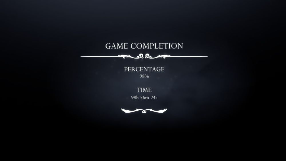 The Silksong game completion screen. It shows a 98% completion rate at 98 hours. Or, as the kids say: nailed it