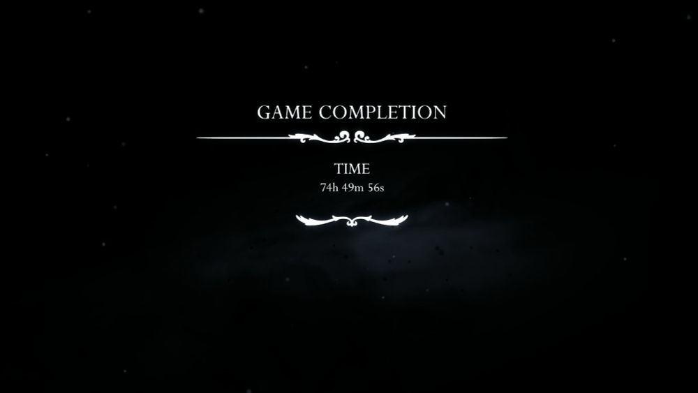 A screenshot showing the time until game completion (Silksong). It says 74 hours 49 minutes 56 seconds