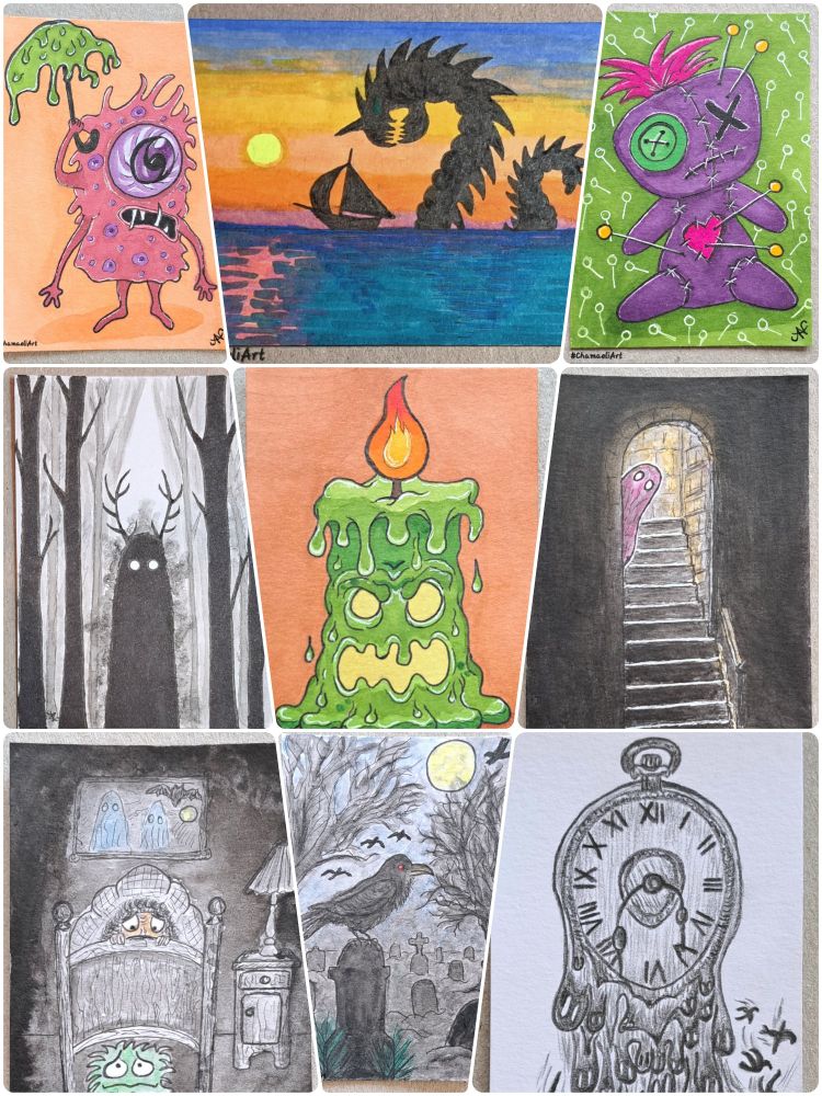 Collage aus 9 verschiedenen ATC, die für den #junEerie gezeichnet wurden 