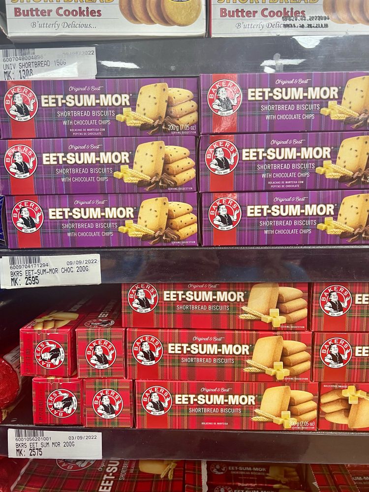 Boxes of shortbread in a supermarket in Malawi. The brand name is Eet-Sum-Mor.