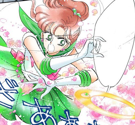Color manga panel of Sailor Jupiter edited to look like she's attacking with her tiara