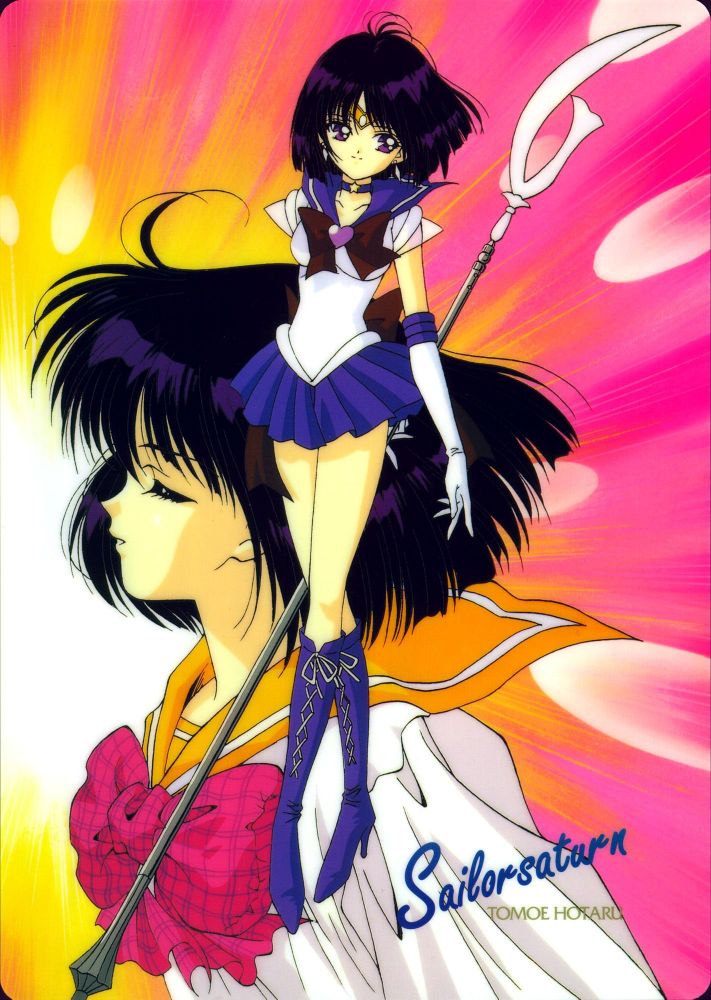 Poster showing Super Sailor Saturn posing in the foreground with the Silence Glaive. Behind her is a close-up of Hotaru wearing a sailor-style school uniform with a plaid red bow and light orange collar.