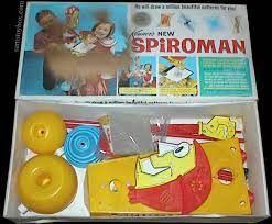 The box and contents for Kenner's NEW SPiROMAN! A mad-eyed head, one arm, what looks like some plastic donuts and cheese. The pack is from 1968 but looks older.