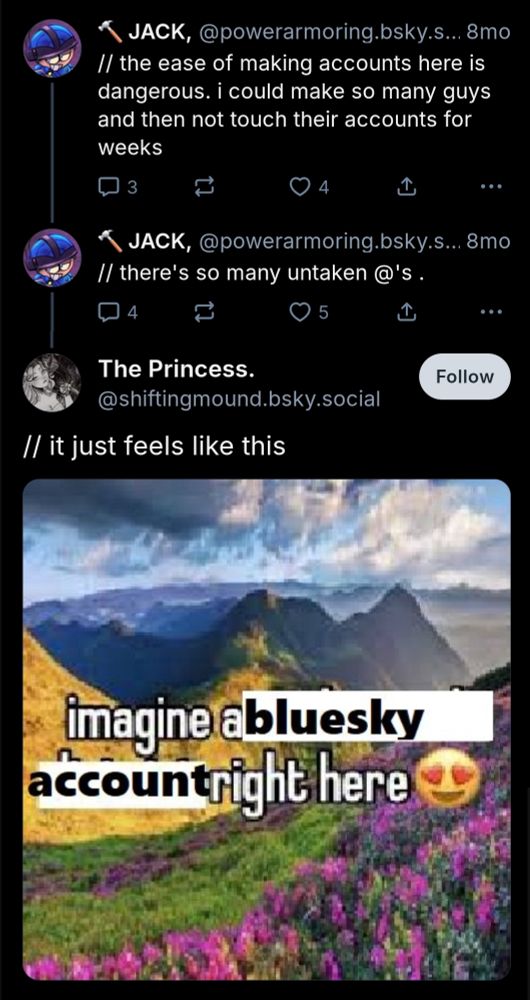Jack: the ease of making accounts here is dangerous. i could make so many guys and then not touch their accounts for weeks
Jack: there's so many untaken @'s.
Princess: it just feels like this
an image of a mountain with the caption "imagine a bluesky account right here 😍"