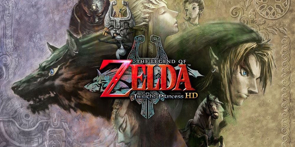 Illustration de Zelda Twilight Princess HD, montrant les personnages principaux.
Au centre, le logo du jeu. A droite, Link, et à gauche un loup.
En haut, Zelda, et en bas une femme inconnue-pas-de-spoil.
En haut à gauche, Midona, lutin farceur, puis Ganondorf, le méchant.
En haut à droite, Ilia, amie d'enfance de link dans ce jeu.
En bas à droite, Epona, cheval de Link.