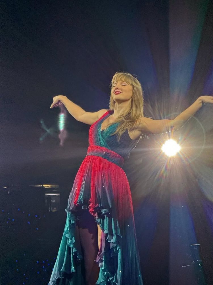 taylor swift in blue and pink surprise song dress 