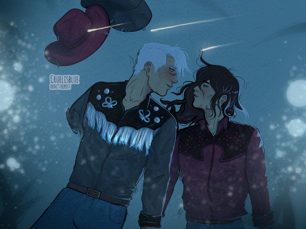 Shiro and Keith from Voltron Legendary Defender in Cowboyoutfits lying on the gras and looking at each other lovingly.