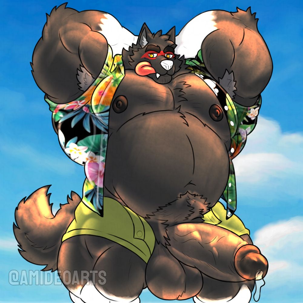 Big black wolf flexing his arms behind his head, showing off his cock, wearing a hawaiin shirt and shorts, in sunny weather