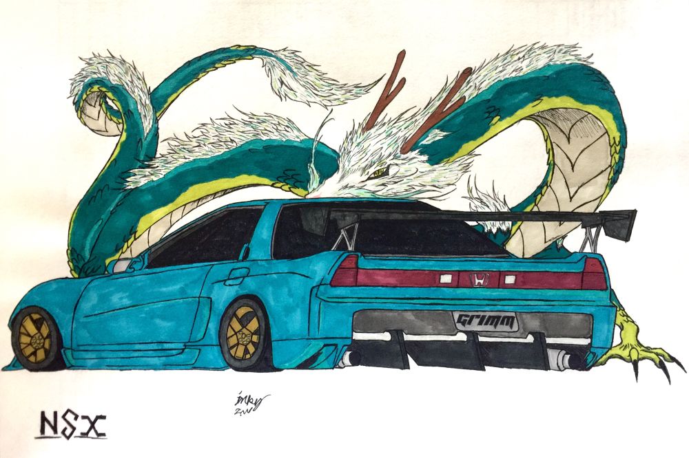 Cars are interesting to draw, Featuring the infamous Honda NSX and a large dragon.