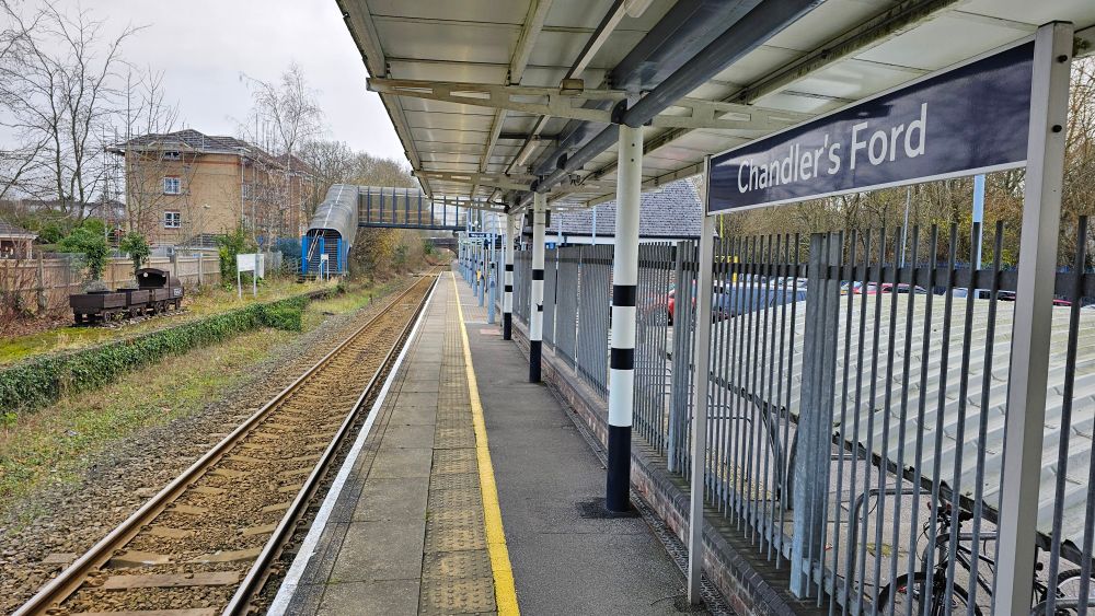 Chandlers Ford station from the north end of the station under a shelter