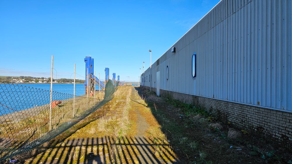 The back of Stranraer station with the old ferry port to the left. The surface is overgrown and derelict 