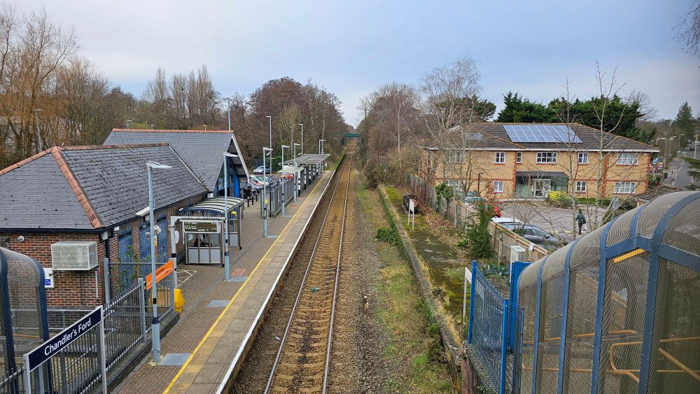 Chandlers Ford station view taken from the footbridge, a disused platform stands on the right of the footbridge