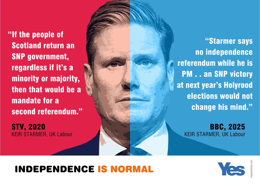 Poster comparing Keir Starmer's admission that an independence referendum was a matter for Scots alone in 2020, versus his statement yesterday that there will be no referendum whilst he is PM.