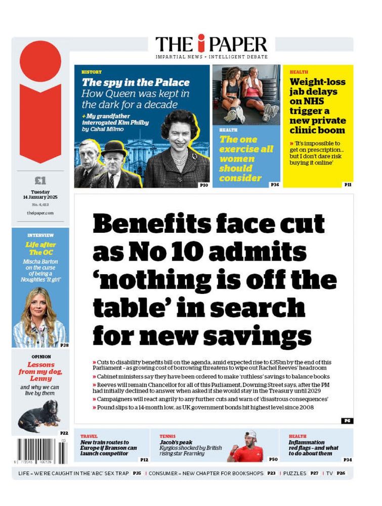 Front page of The I Paper stating that Labour is considering benefit cuts to save money, instead of taxing rich people more.
