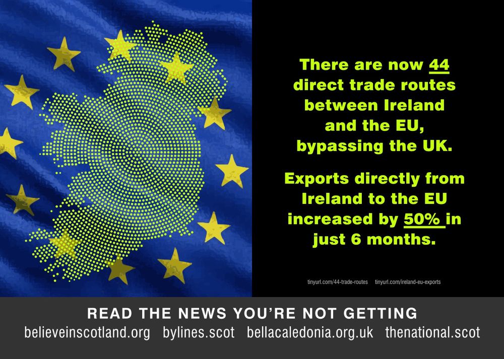 Poster explains that since Brexit independent Ireland had increased its trade routes to the EU, bypassing England entirely.