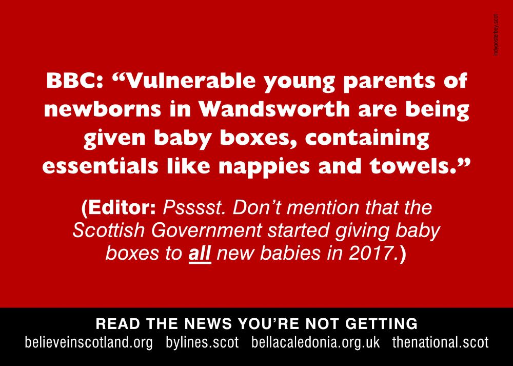 Poster with BBC new story about vulnerable mothers in Wandsworth being given baby boxes, but NOT mentioning that the4 Scottish Government started giving baby boxes to ALL new babies in Scotland in 2017.