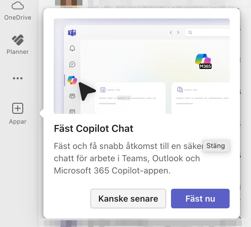 Skärmavbild av Microsoft Teams med en fråga om att fästa knappen till Copilot Chat. De enda alternativen är ”fäst nu” och ”kanske senare” (”nej” saknas).