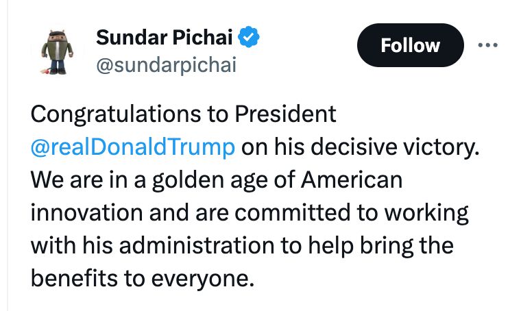 Sundar Pichai, CEO of Google, congratulation Donald Trump on a decisive victory, and the golden age of American innovation.