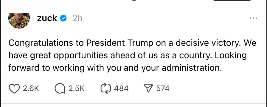 Mark Zuckerberg, CEO of Facebook, congratulation Donald Trump on a "decisive victory" and the great opportunities ahead of us.
