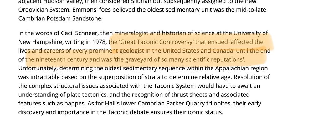 Highlighted text that reads “ the ‘Great Taconic Controversey’ that ensued ‘affected the lives and careers of every prominent geologist in the United States and Canada’ until the end of the nineteenth century and was ‘the graveyard of so many scientific reputations.’”