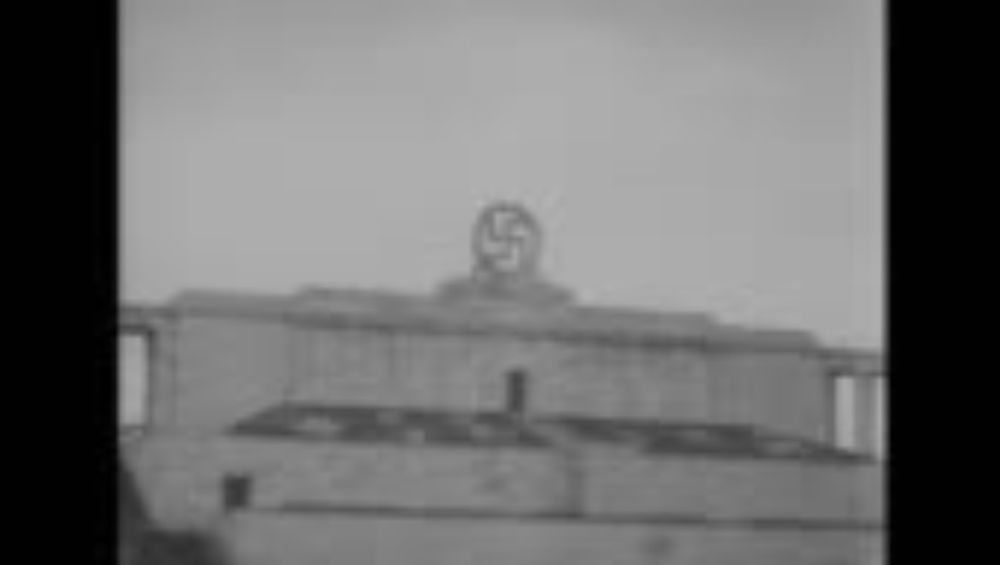 Swastika blown up on the Nuremberg Stadium.