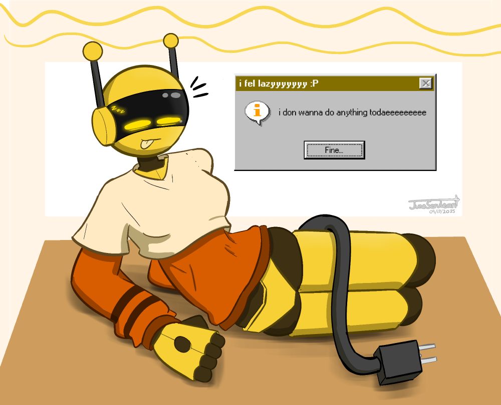 Art of Electrichip, (Electri-Chip, not Electric-Hip) a yellow robot who is one of Azure's siblings. Here they are laying on their side, w/ their body propped up by their arms. A Windows 95-themed popup to the right of them says "i fel lazyyyyyyy :P" and "i don wanna do anything todaeeeeeeeeeee".