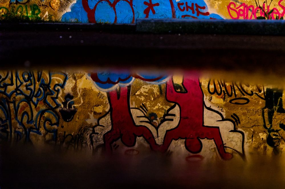 Nachtaufnahme von Graffitis an einer Wand, die sich in einer Pfütze spiegeln