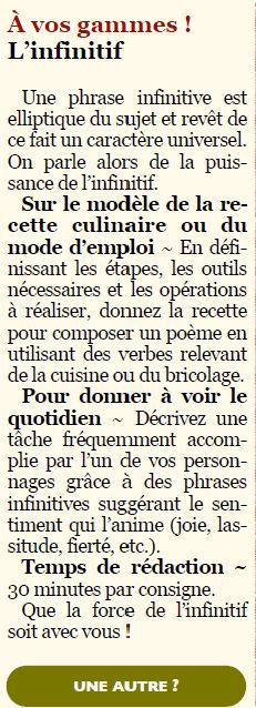 Rubrique « À vos gammes ! » de Postscriptum, chroniques d'écriture buissonnière : l'opus 2 parle de l'infinitif.

Par Brandon & Compagnie (en Georgia, évidemment).

