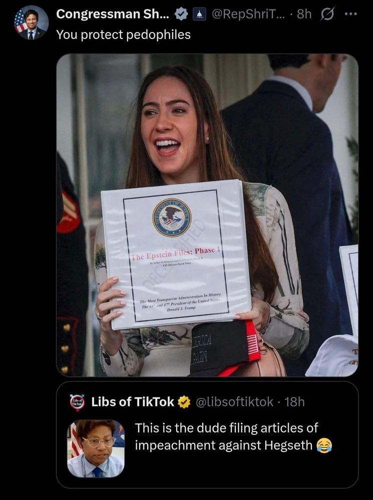 Libs of Tik Tok tweets a picture of a man with the caption "this is the dude filing articles of impeachment against Hegseth" which is quote tweeted by the man in question with the caption "you protected pedophiles" 