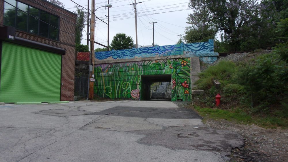 Fountain Street steps. Painted Regional Rail overpass next to a u-store-it and open space in foreground.