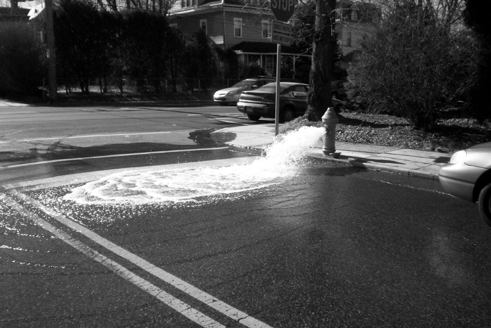 Black and white picture of a running fire hydrant. Cars, trees and houses are also in the picture.