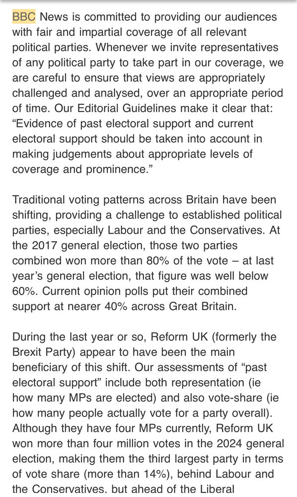 BBC response to a complaint about Reform bias