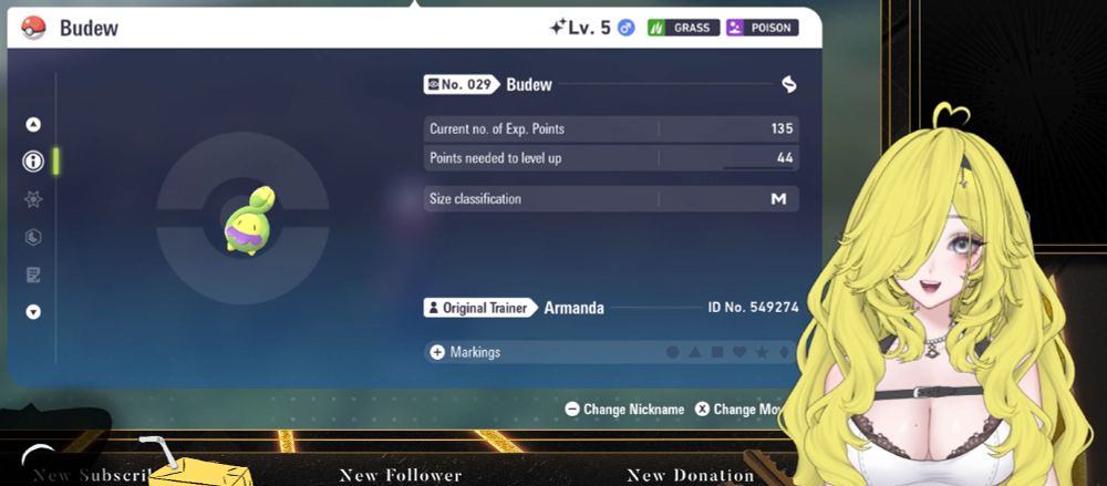 A Female Vtuber reacting happily to a Shiny Budew, an very rare, colour-changed version of an existing Pokemon