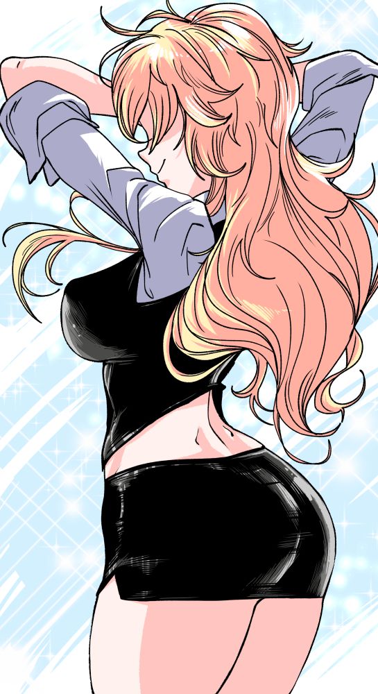 A long-haired, blonde woman standing with her back toward the "point of view" smirking with her eyes obscured. Dressed in a white undershirt, rolled to the elbows, a black vest, and black skirt