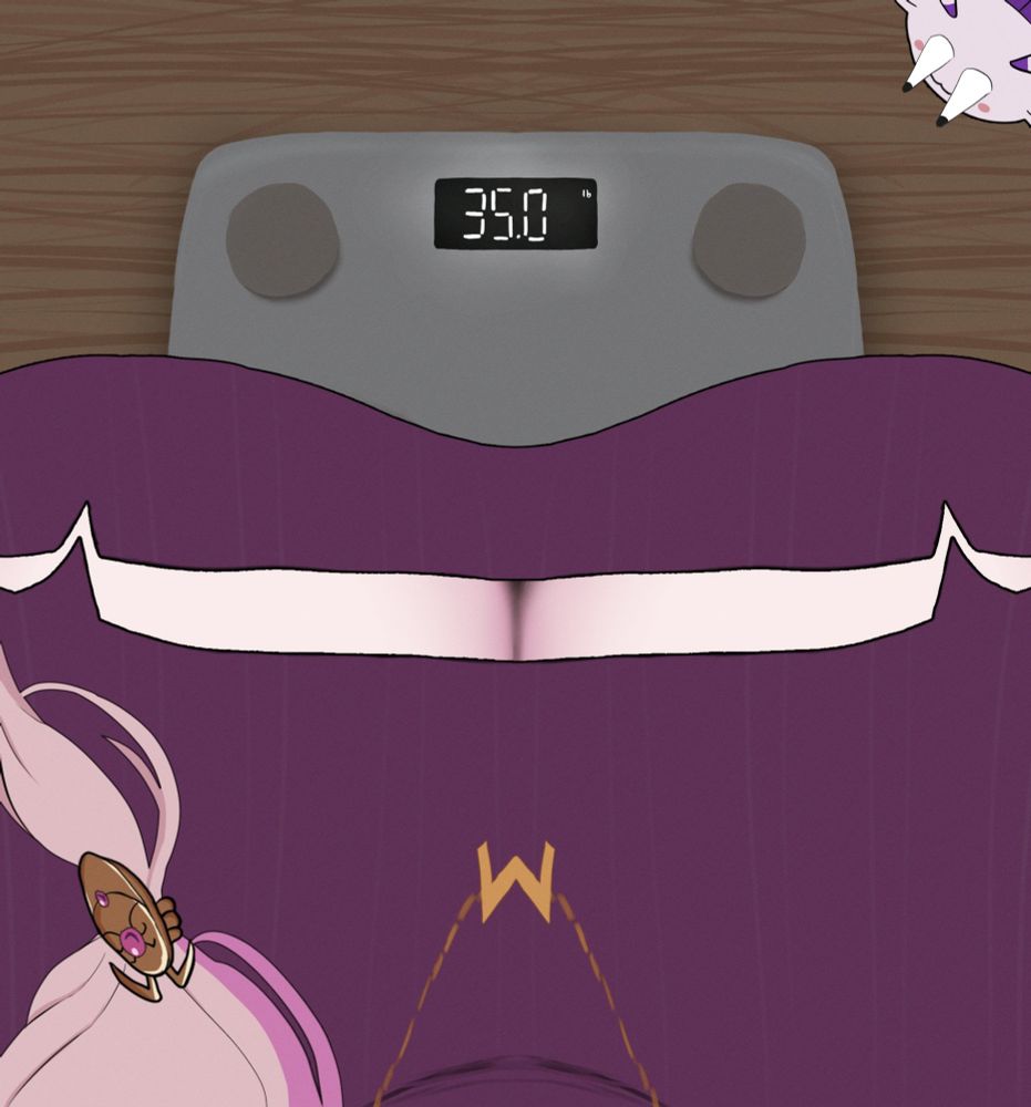 Fan art of top down view of Matara Kan breasts being weighted on a scale, the weight reads 35.0lb, she's wearing her winter casual outfit.