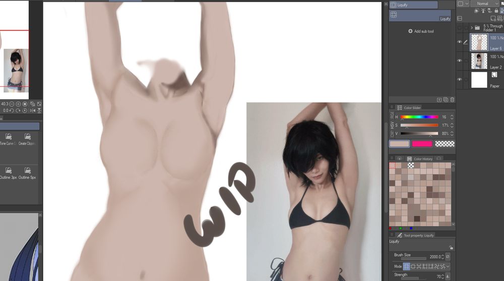 work in progress of a drawing, showing part of CSP UI and the reference (Enkii's cosplay of Himeno)