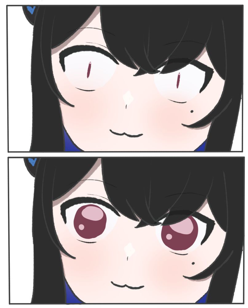 Chibi fanart of Nerissa fromHololive, in the first panel she has narrow, cat-like eyes, in the second panel, the only change is that her eyes go very big as if she just saw something she really liked. This is a reference from the manga Nekodamari.