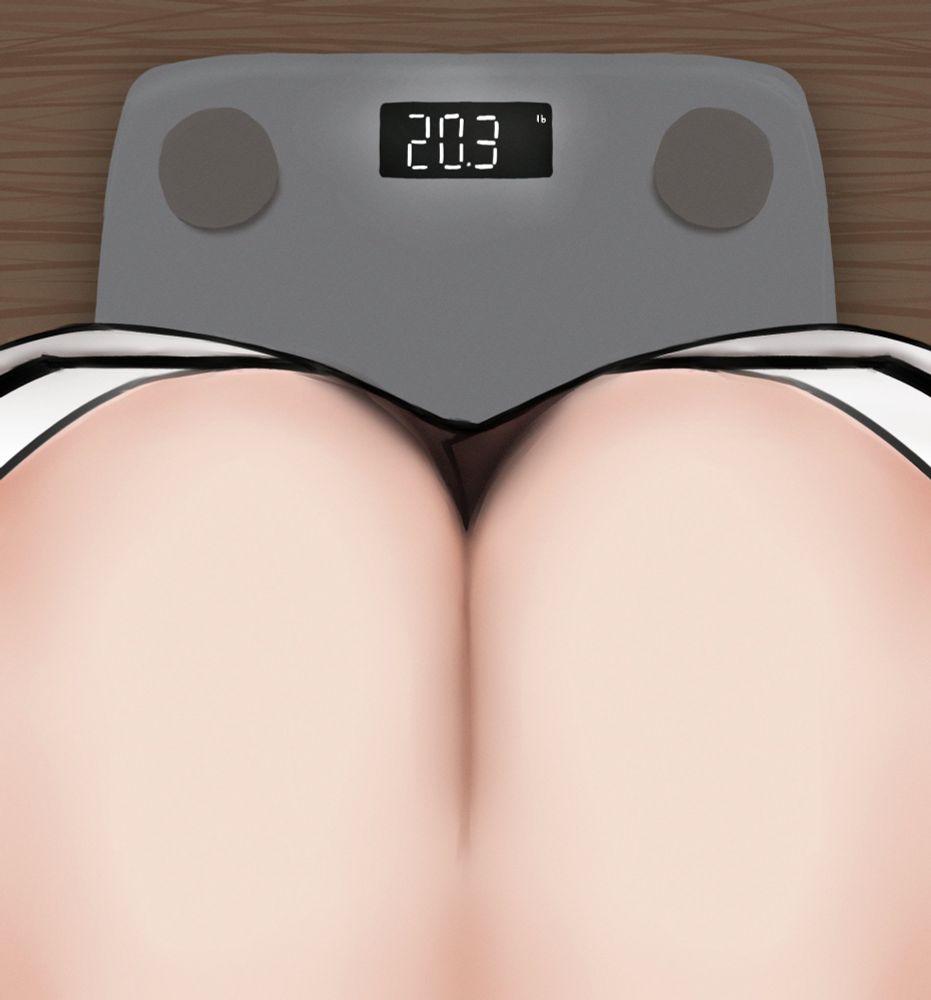 Top down view of Nerissa Ravencroft breasts being weighted on a scale, the weight reads 20.3lb, she's wearing her office lady outfit.