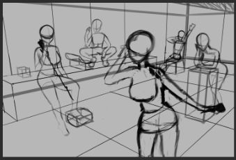 rough composition of a drawing with 5 people