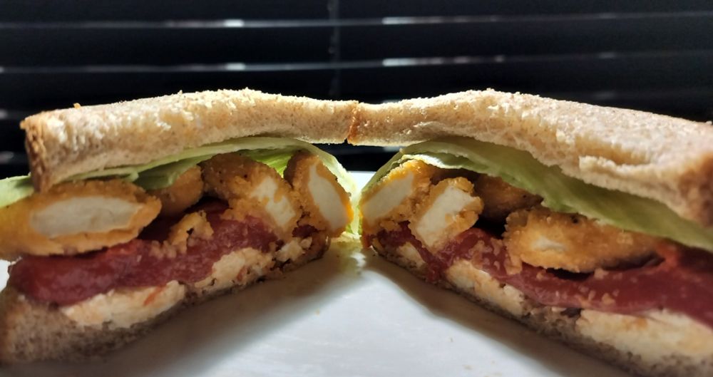 A sandwich cut diagonally, resting on a plate. 