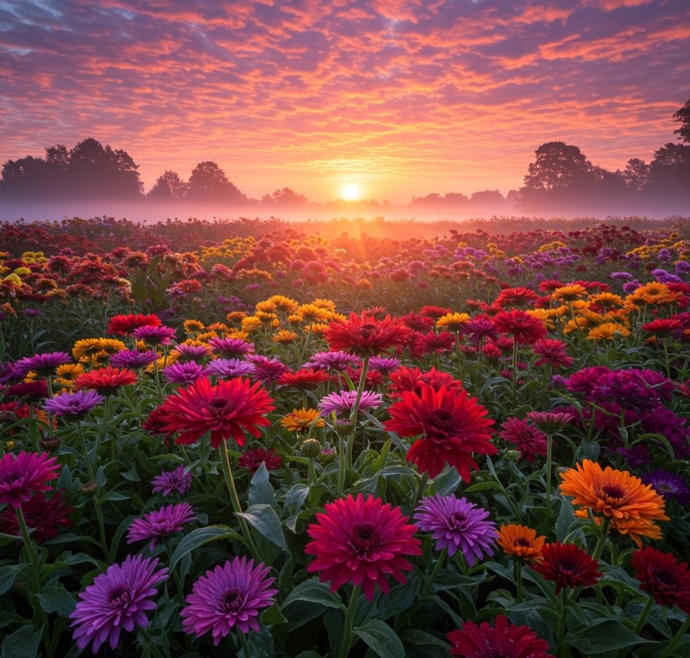 A sunrise over colourful flowers