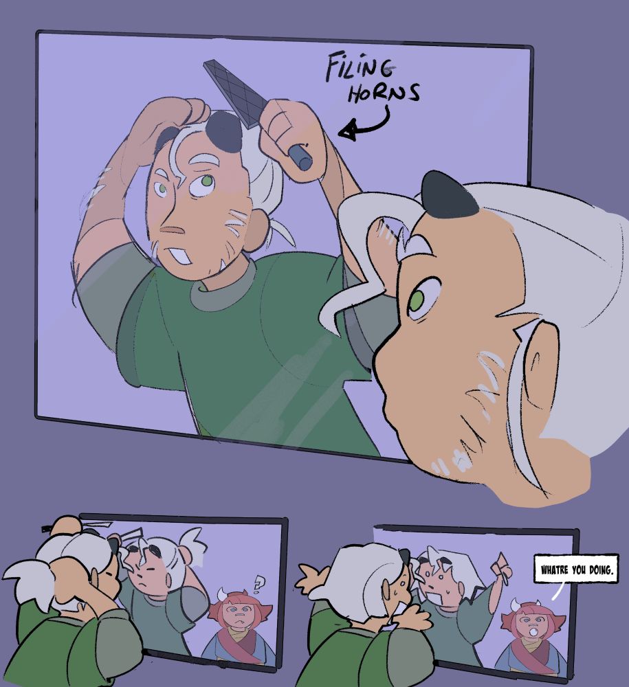 Digital comic of lloyd garmadon standing in front of a mirror filing his horns down. The second panel shows wyldfyre appearing on the mirror behind him with a question mark above her head. The second panel has lloyd yelling in surprise as wyldfyree says "what're you doing." 