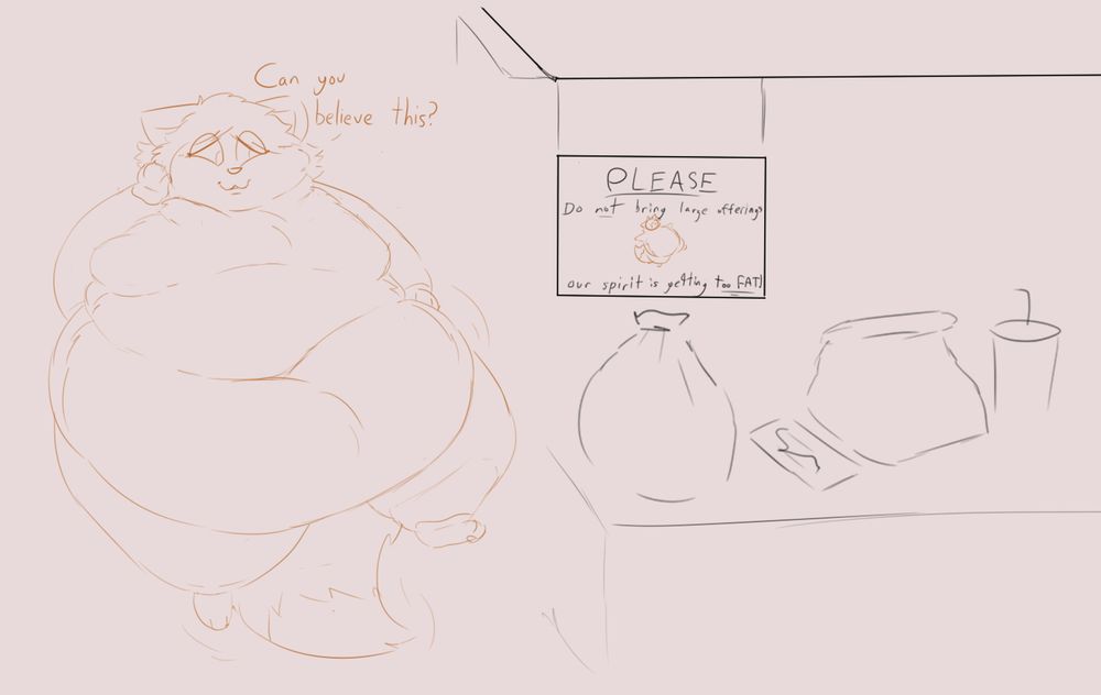 a very plump fox spirit floats next to an offerings table. A sign reads "PLEASE Do not bring large offerings. Our spirit is getting too FAT"
to the left, the fox says "Can you believe this?"