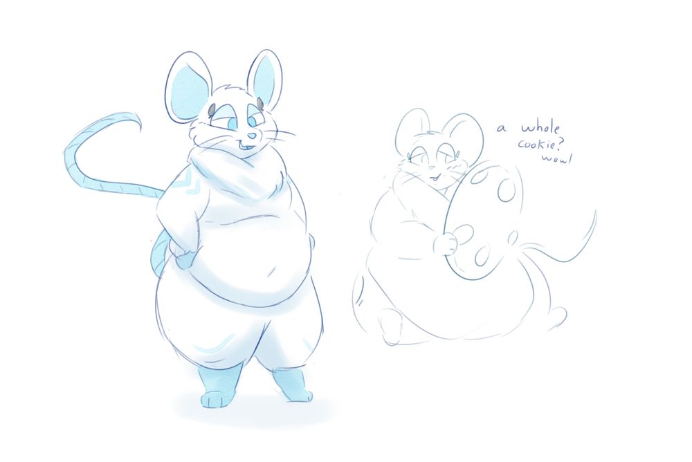 two drawings of a rotund mouse. the leftmost one is a reference, while the right is a sketch of the mouse being heavier, sitting and holding a cookie, exclaiming, "a whole cookie? wow!"