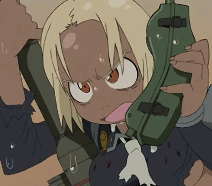 Kitsurubami from Fooly Cooly. He clothes are torn, she's covered in water, looking frustrated while on the phone