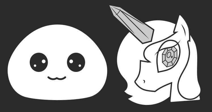 A slime monster on the left, and a horse with gems for eyes and a gem for it's horn on the right.